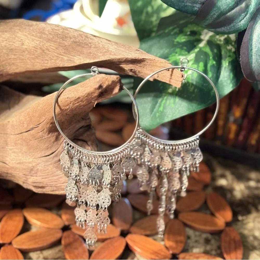 Silver Hoop Chandelier Earrings with Dangle Charms